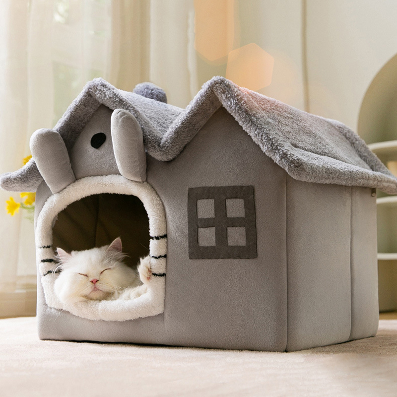 Warm Plush Cat Bed House Detachable Soft Pet Cushion Kennel